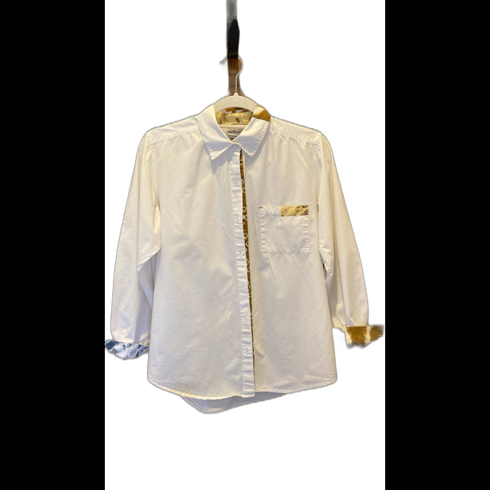 Chico’s Button Down Blouse Size 1 USA Sz Medium‎ Cream with Animal Print Accents